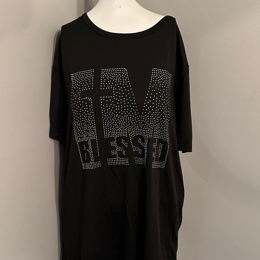 Black Graphic T-Shirt with Rhinestone Design